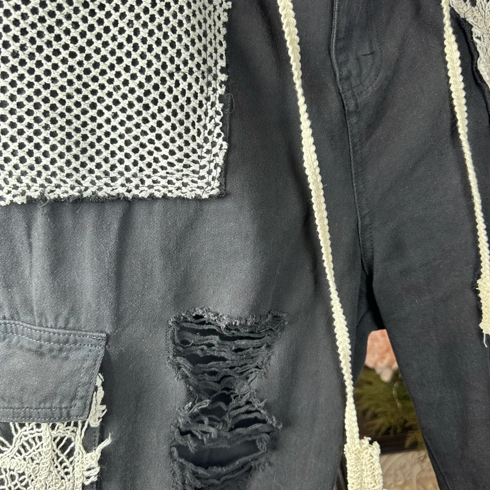 🆕 POL Crochet Patchwork Black Distressed Jogger Pants w/Lace and Knit Accents